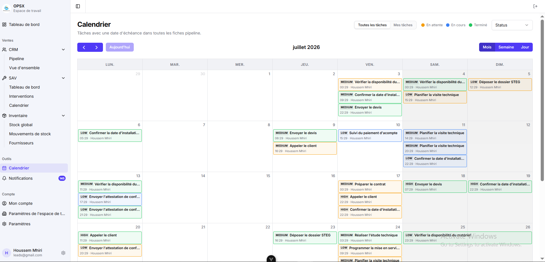 Calendrier Solis System : le planning complet de l'équipe en vues mois, semaine et jour, avec les rendez-vous d'installation et de SAV.