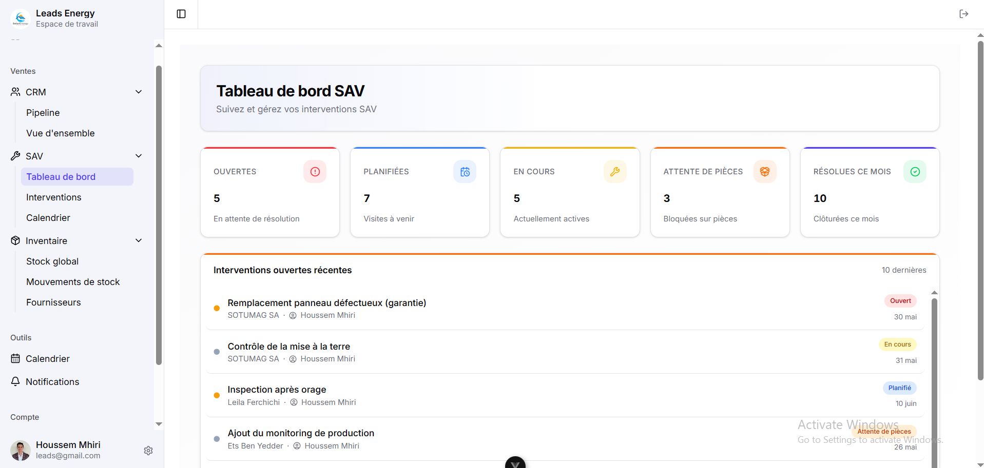 Module SAV de Solis System : suivi des pannes, des visites de maintenance et des réparations sous garantie sur les installations photovoltaïques livrées.